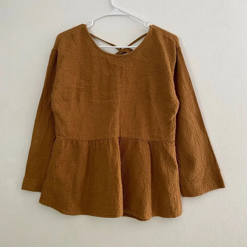 Madewell Brown Textured Peplum Top XS Lace Up Back Boho Blouse